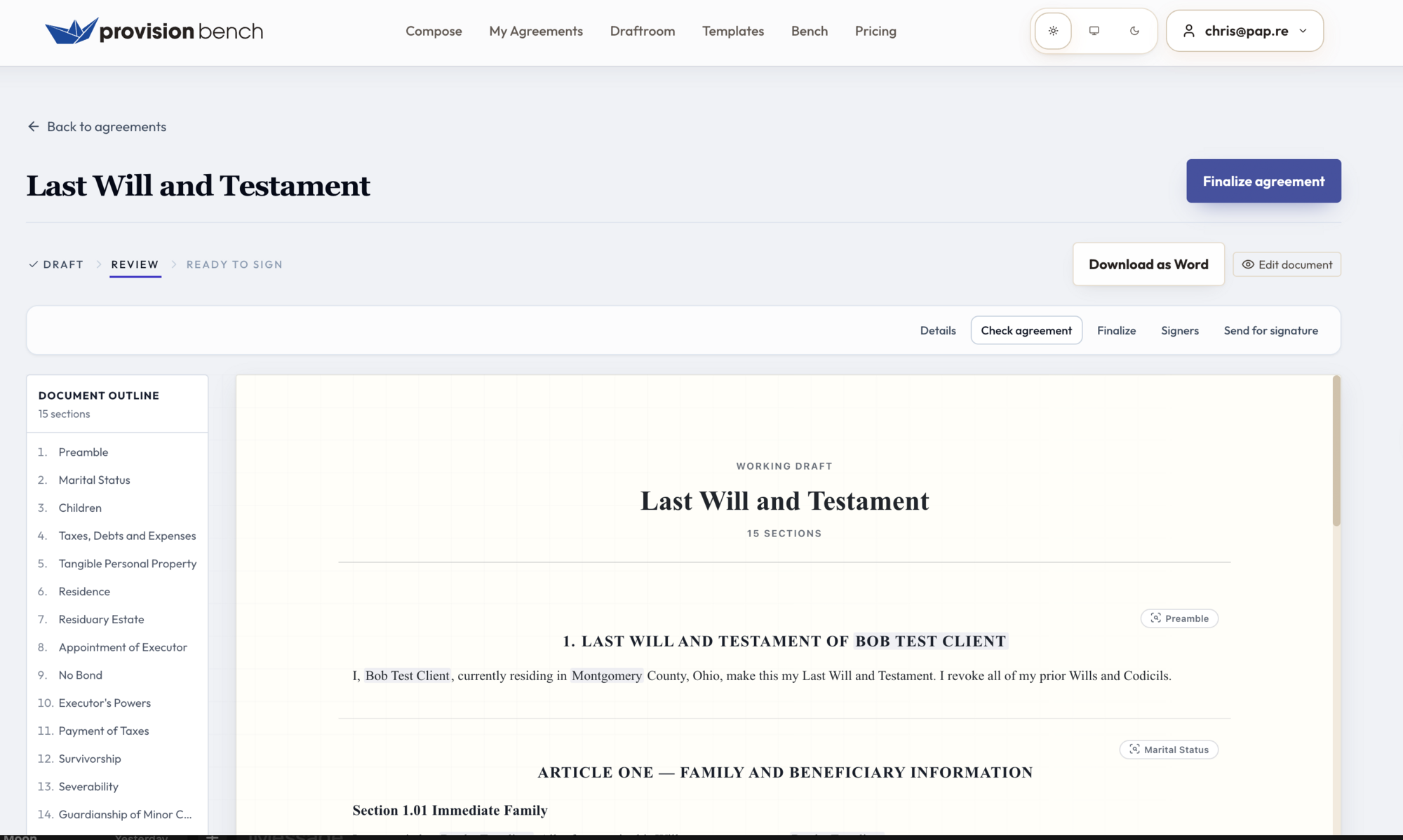 ProvisionBench reviewing a Last Will and Testament: document outline on the left, the drafted agreement with tagged sections on the right.